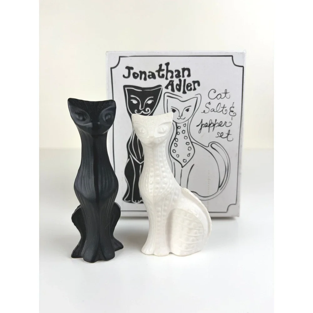 Jonathan Adler Cat Salt & Pepper Shakers Black White Porcelain w/ Original Box